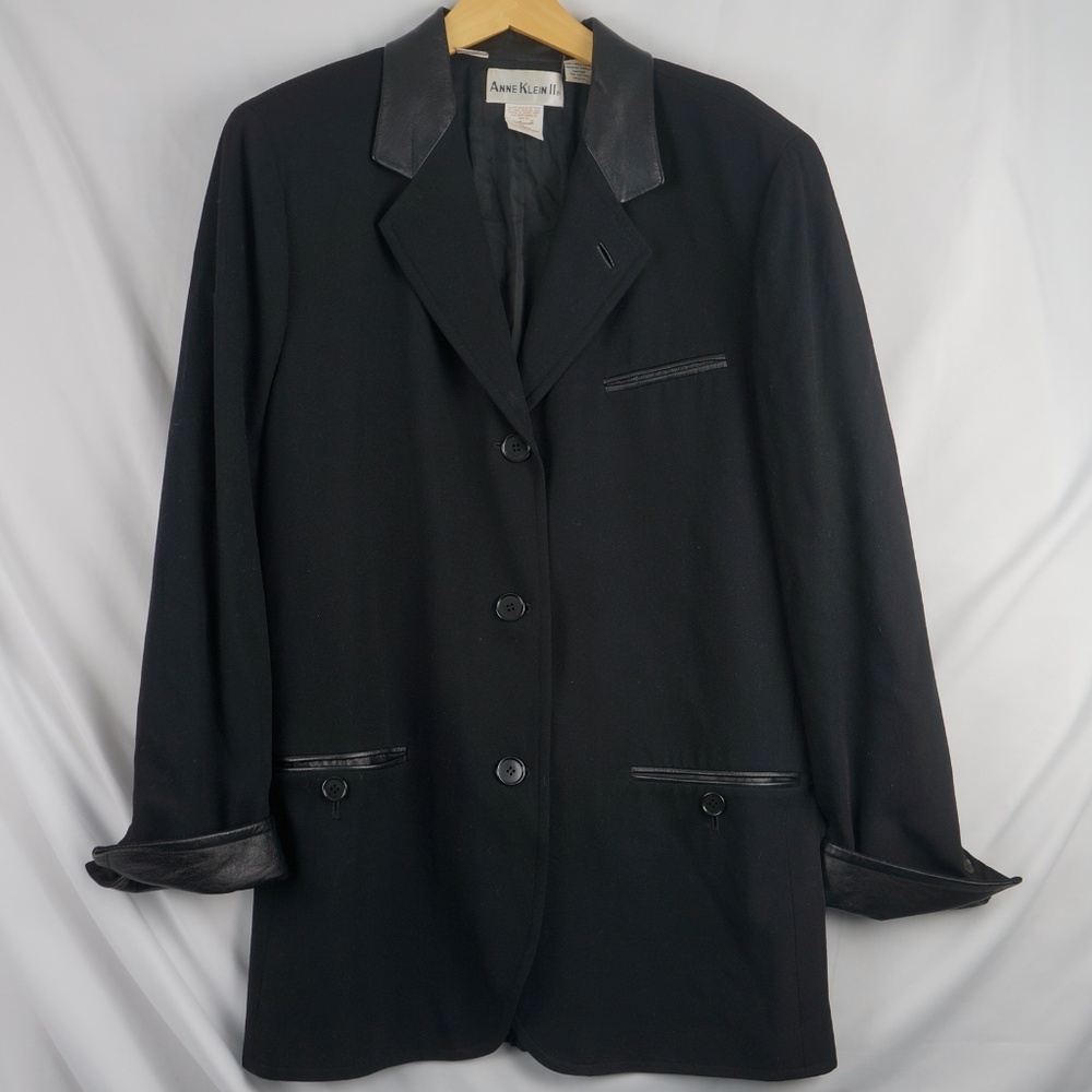 Anne Klein II Vintage Wool Single-Breasted Coat with Leather Collar, Size 14